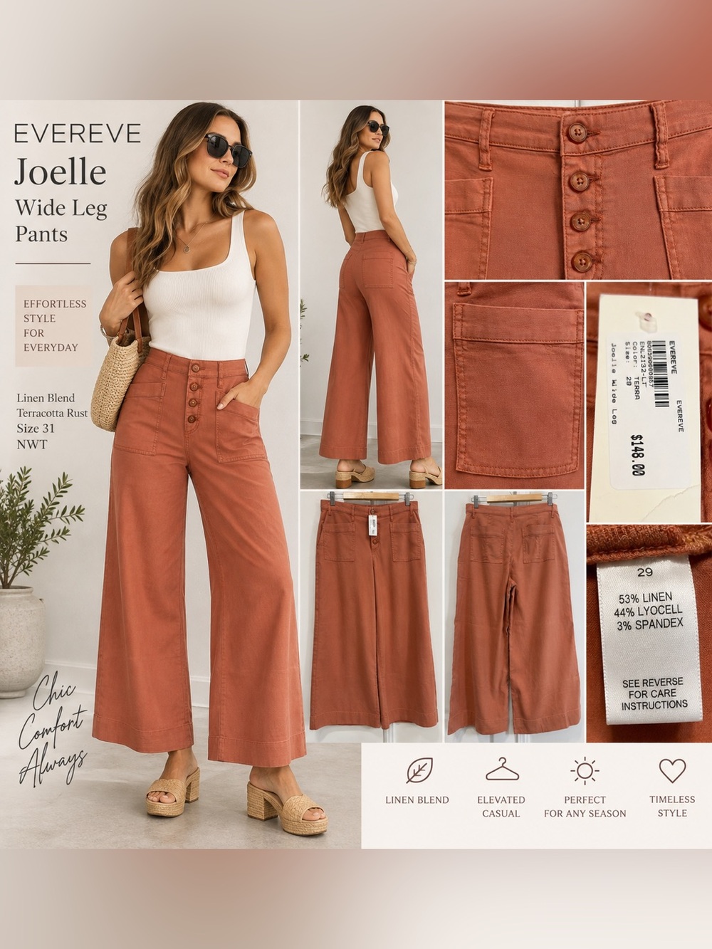 EVEREVE Joelle Wide Leg Pants in Terra Rust – NWT Size 29